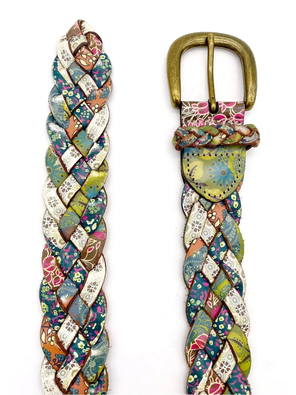 Fossil Braided Leather Belt Sz M Multicolor Patchwork Floral Boho Brass Buckle